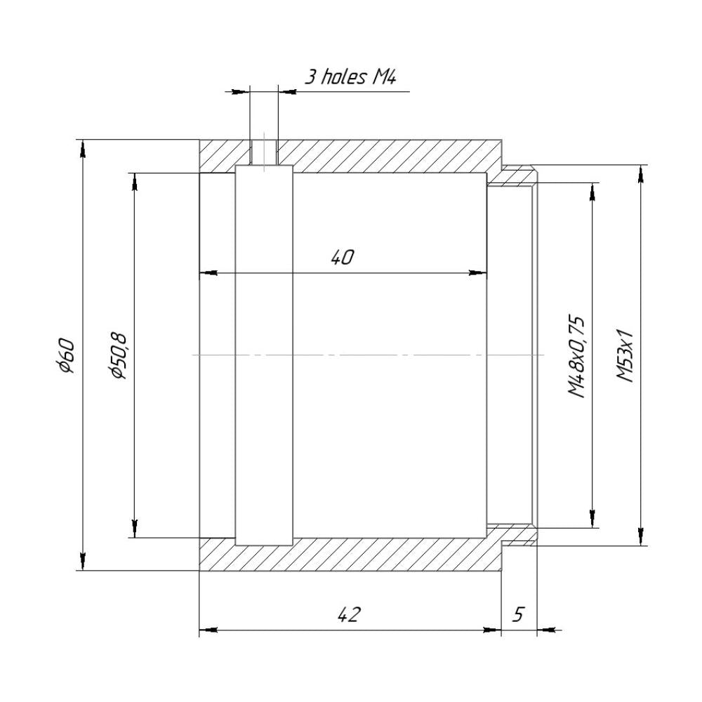 2" clamp to M53x1 male thread adapter, 40mm deep