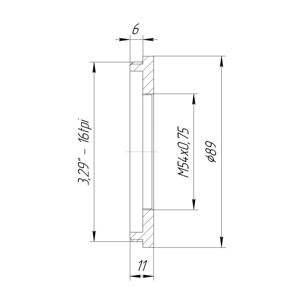 3.29"-16tpi male to M54x0.75 female thread adapter