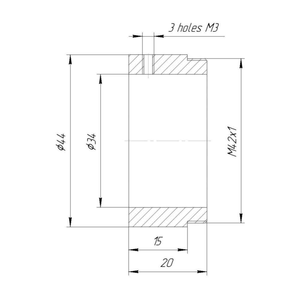 34mm clamp to M42x1 male thread adapter, 15mm long