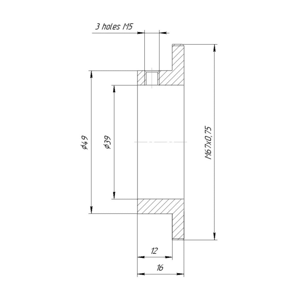 39mm clamp to M67x0.75 male thread adapter (for Kowa 16-A lenses)