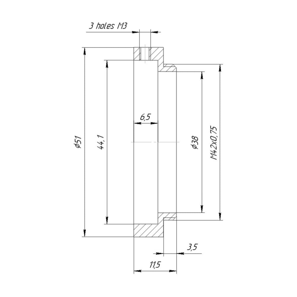 44mm clamp to M42x0.75 (T2 mount) male thread adapter