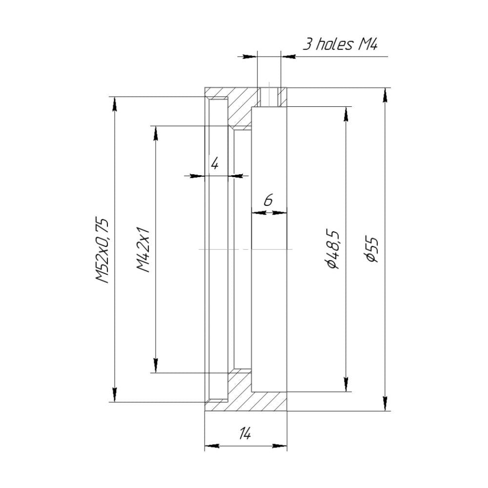 48.5mm clamp to M52x0.75 female thread adapter