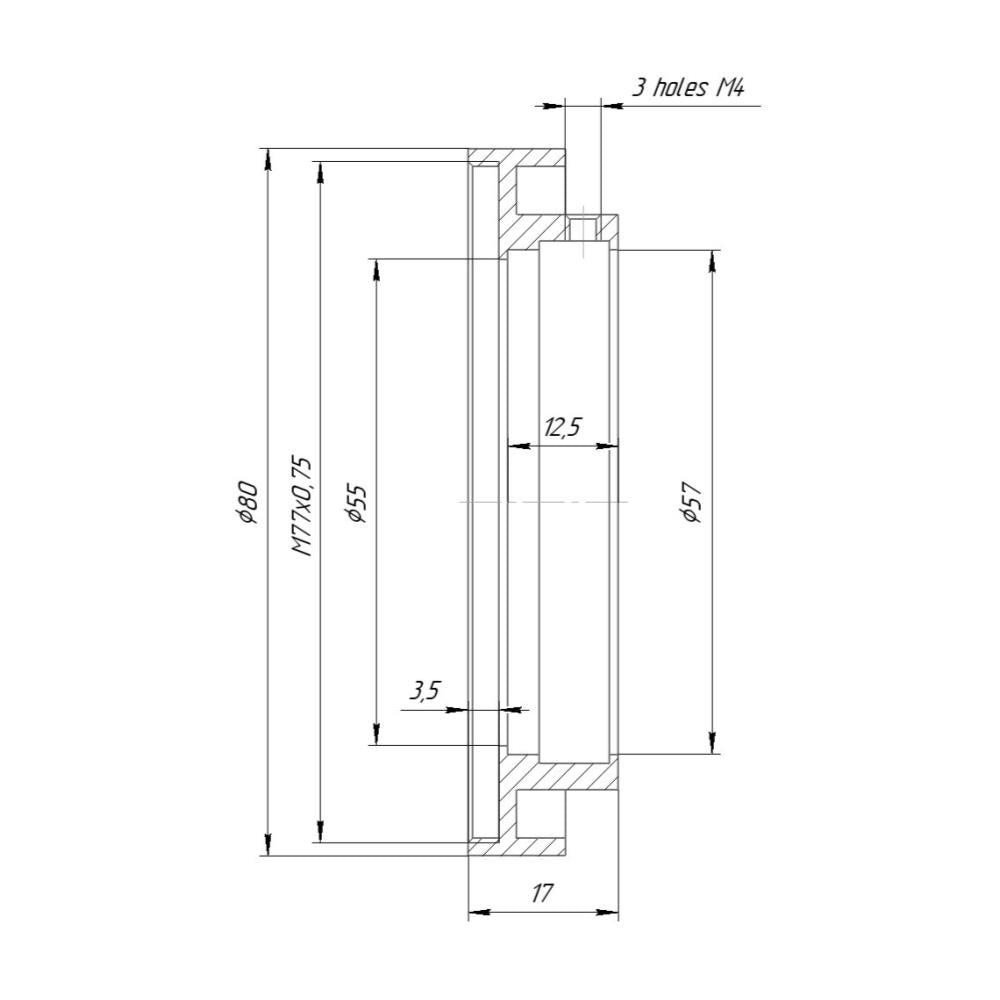 57mm clamp to M77x0.75 female thread adapter with 80mm outer diameter
