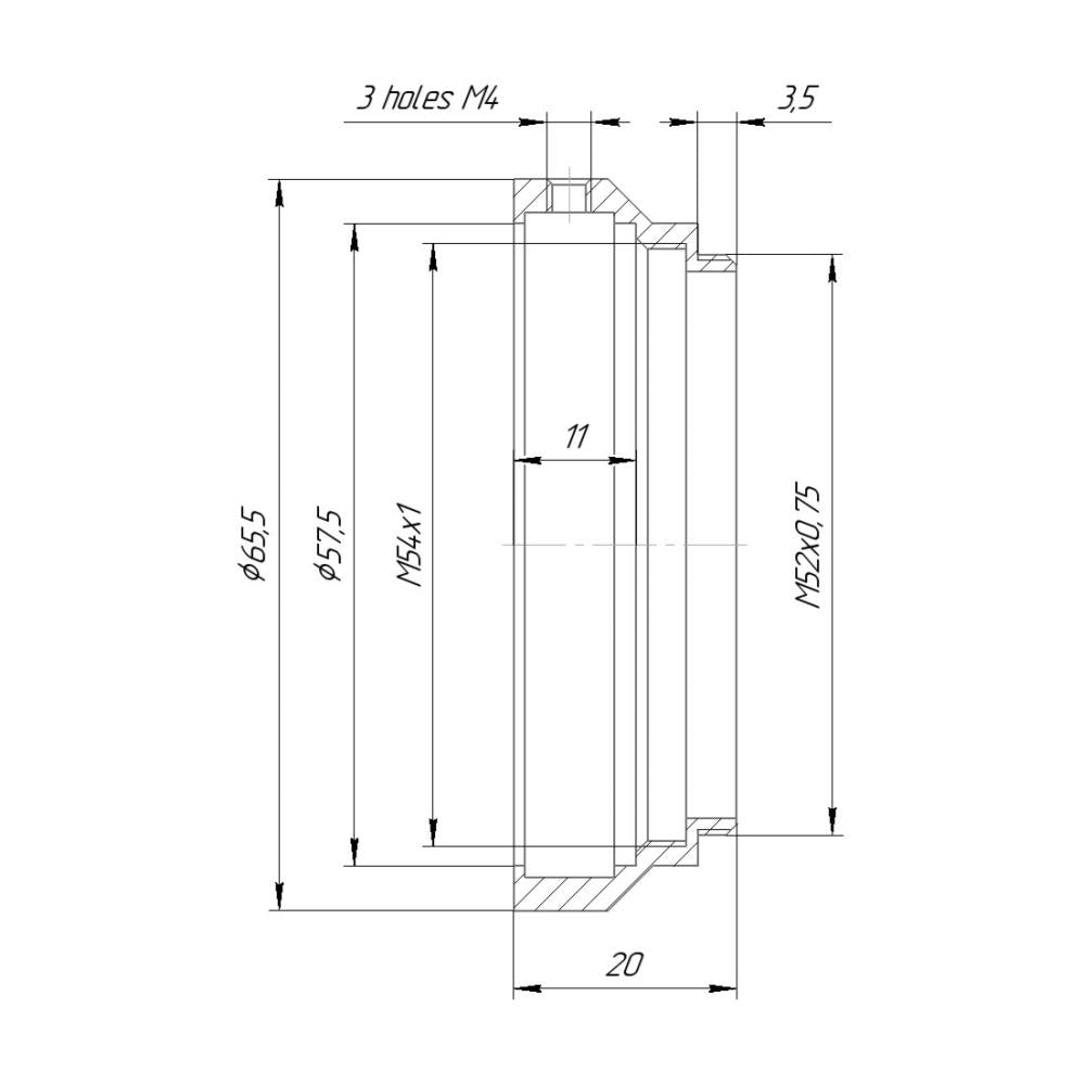 57.5mm clamp to M52x0.75 male thread adapter for Kowa 2x Anamorphic
