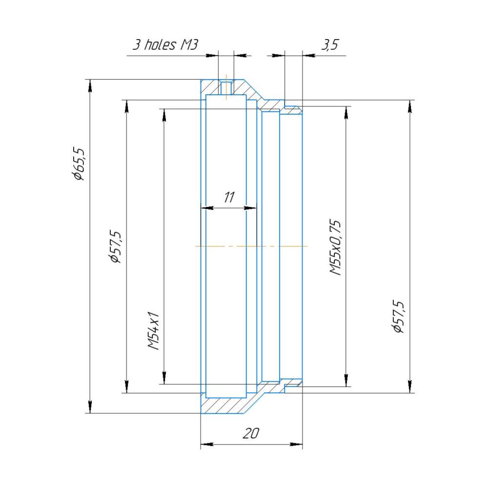 57.5mm clamp to M55x0.75 male thread adapter for Kowa 2x Anamorphic