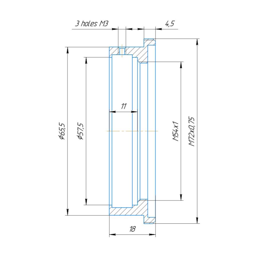 57.5mm clamp to M72x0.75 male thread adapter for Kowa 2x Anamorphic