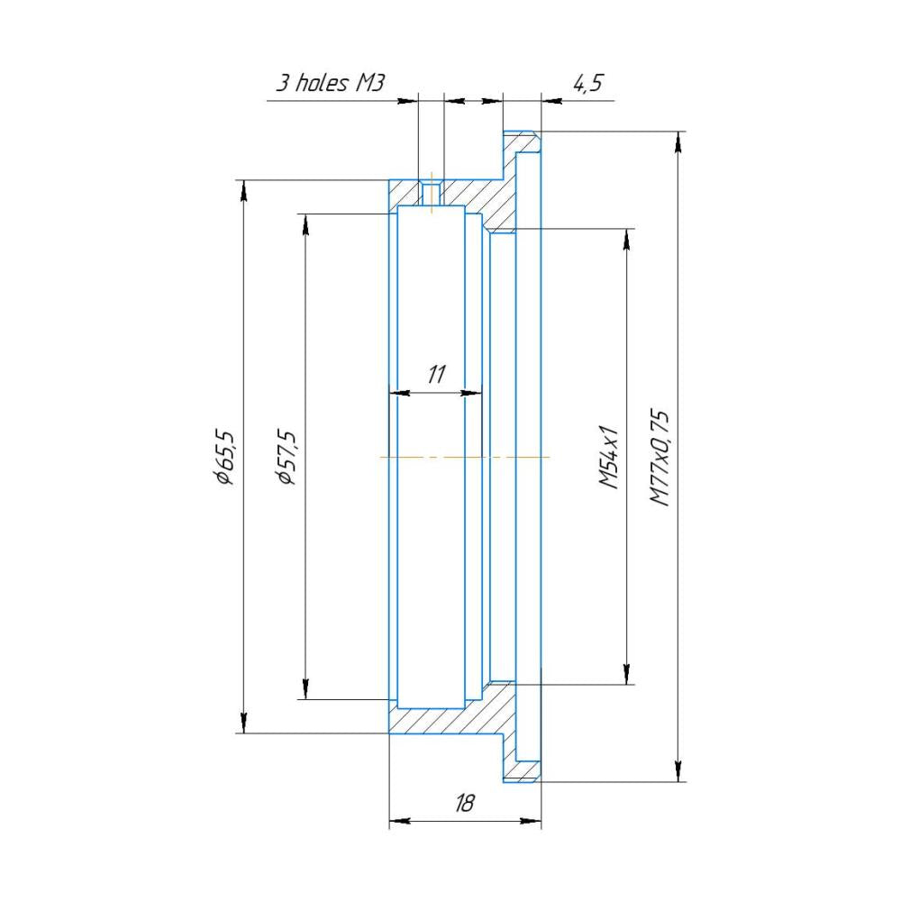57.5mm clamp to M77x0.75 male thread adapter for Kowa 2x Anamorphic
