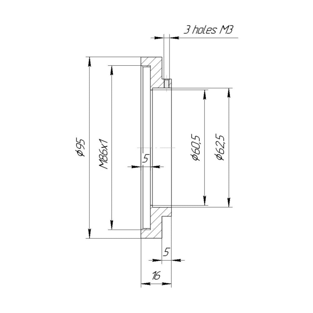 62.5mm clamp to M86x1 female thread adapter with 95mm outer diameter