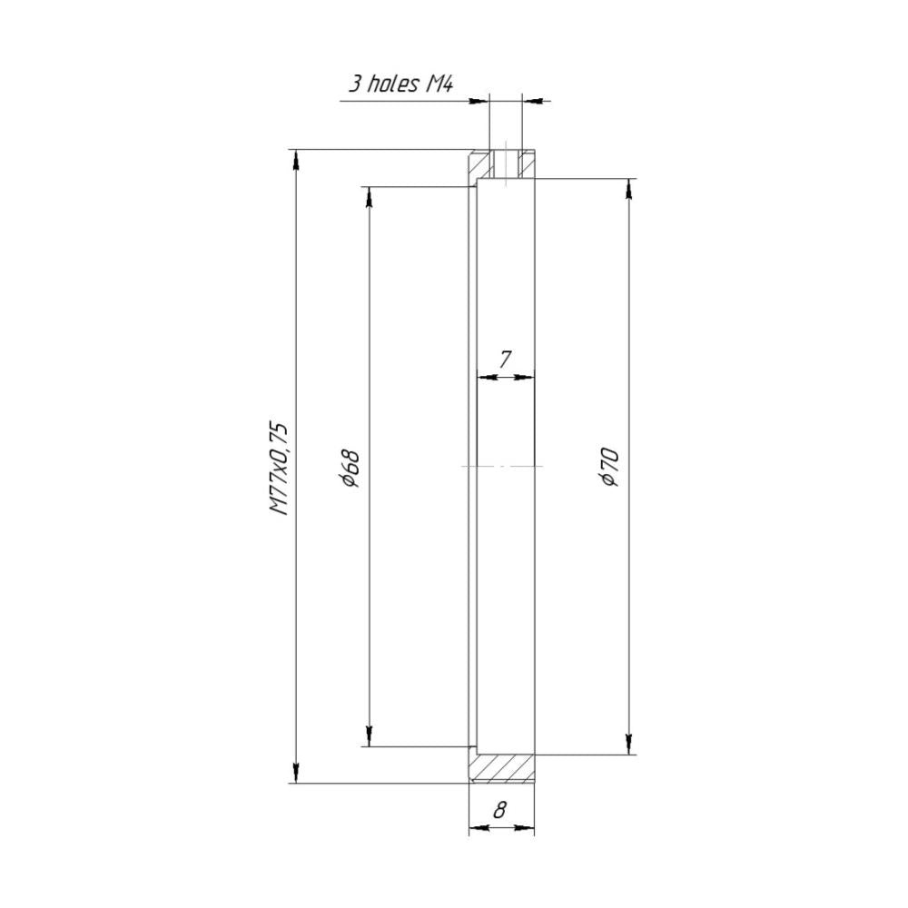 70mm clamp to M77x0.75 male thread adapter (Rectilux HCDNA on Kowa 16-H), short