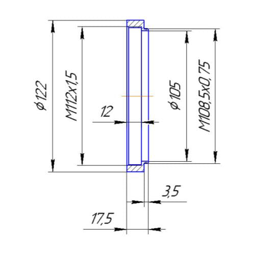 M108.5x0.75 male to M112x1.5 female thread adapter (step-up ring)