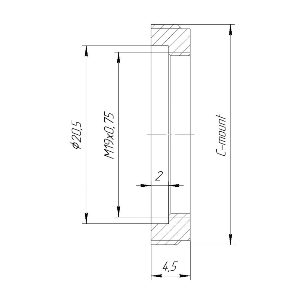M19x0.75 female to C-mount male thread adapter, flangeless, black