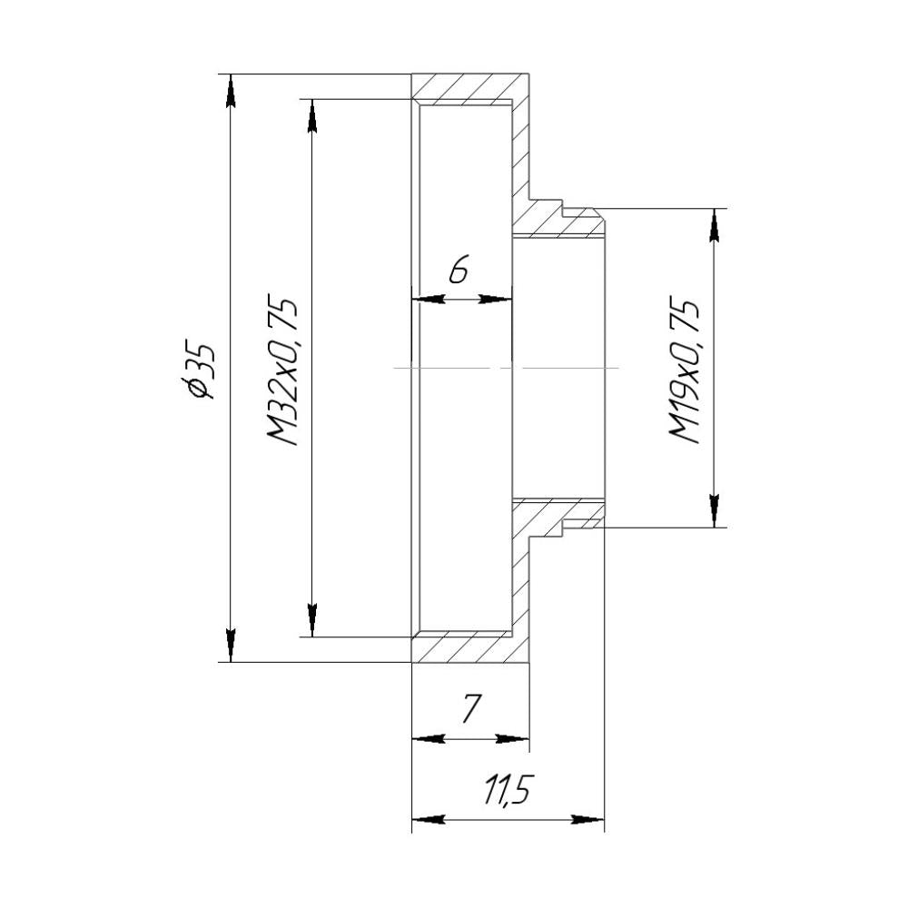 M19x0.75 male to M32x0.75 female thread adapter, bronze