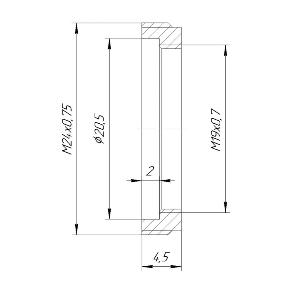 M24x0.75 male to M19x0.75 female thread adapter, flangeless, black