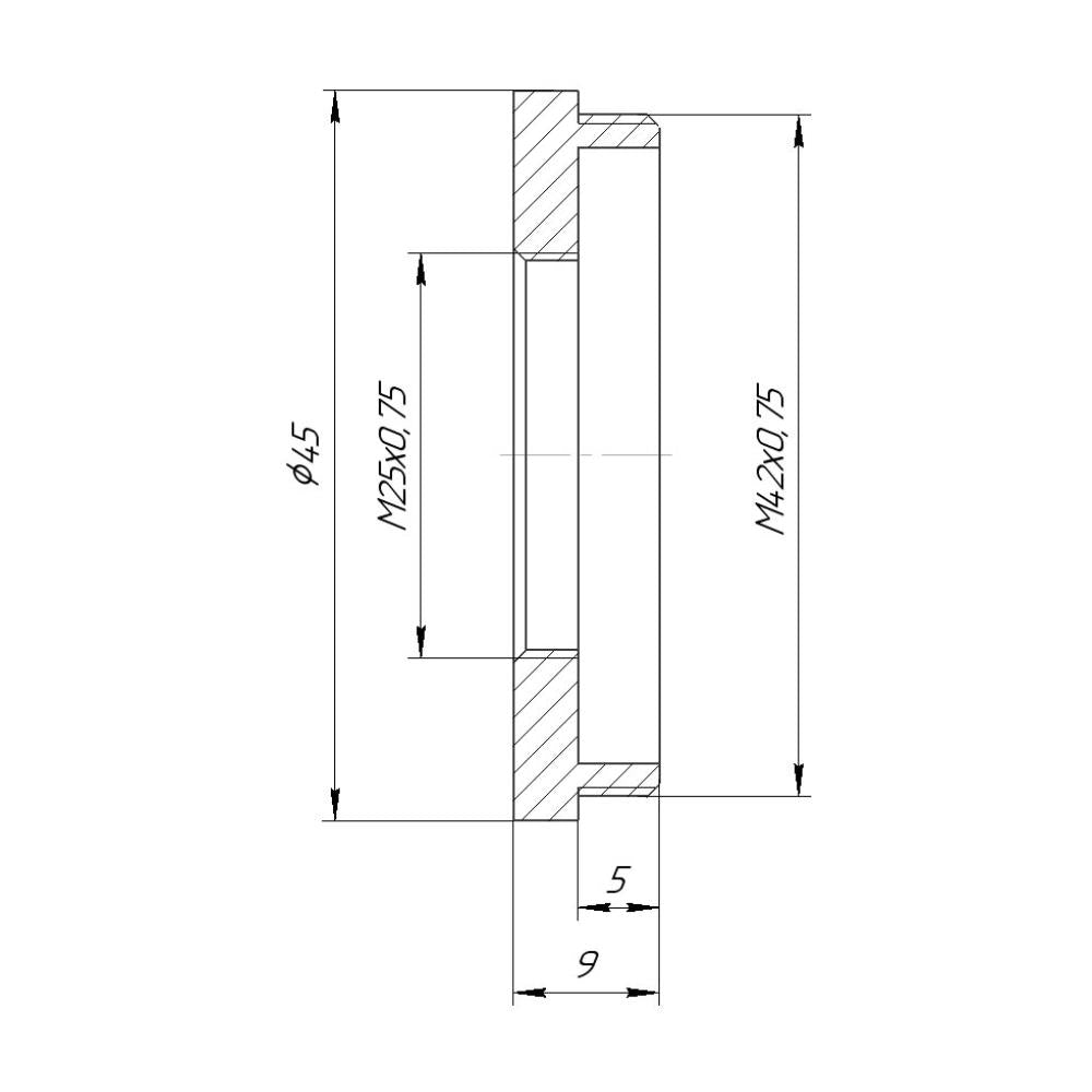 M25x0.75 female to M42x0.75 (T2) male thread adapter