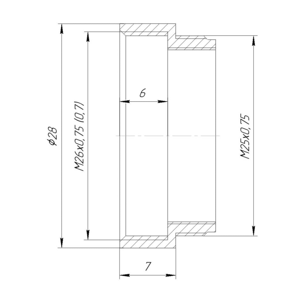 M25x0.75 male to M26x0.75 female thread adapter, black