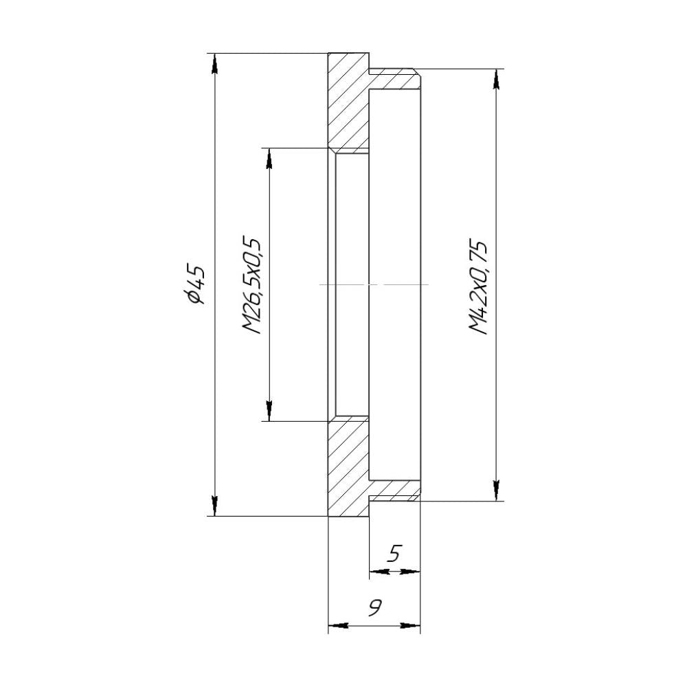 M26.5x0.5 female to M42x0.75 (T2) male thread adapter