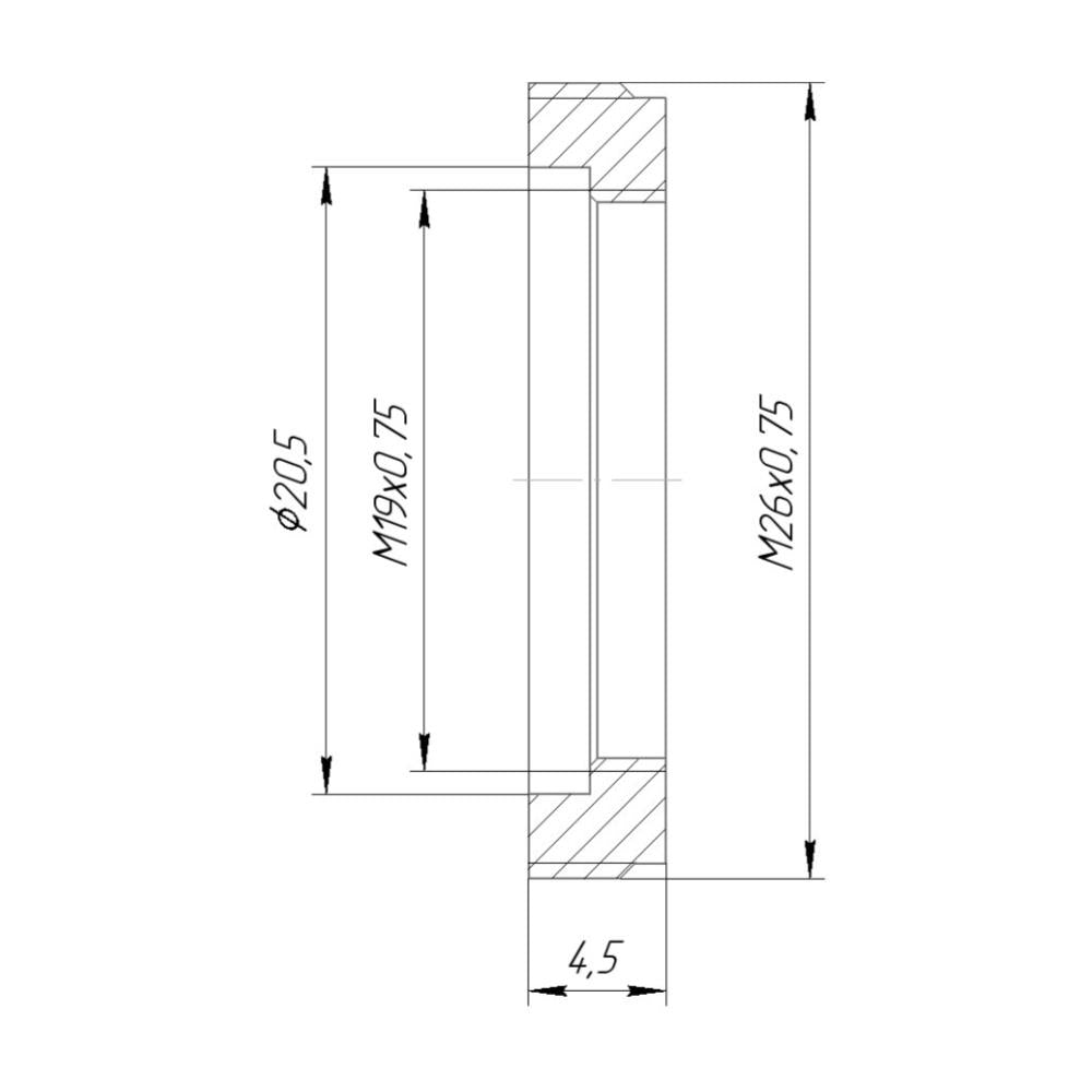 M26x0.75 male to M19x0.75 female thread adapter, flangeless, black