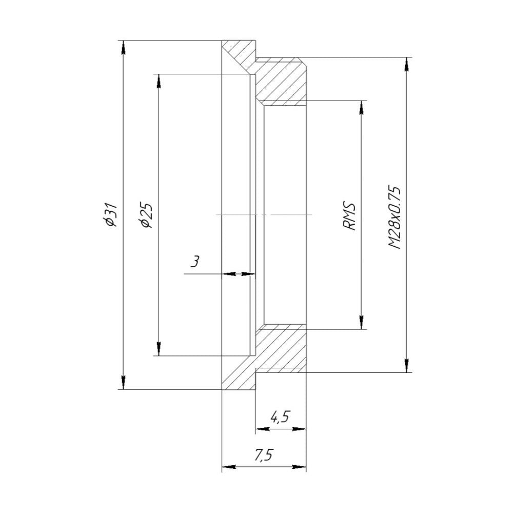 M28x0.75 male to RMS female thread adapter, black