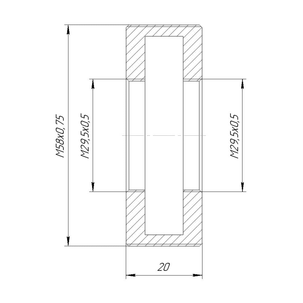 M29.5x0.5 female to M58x0.75 male thread adapter, 20mm long