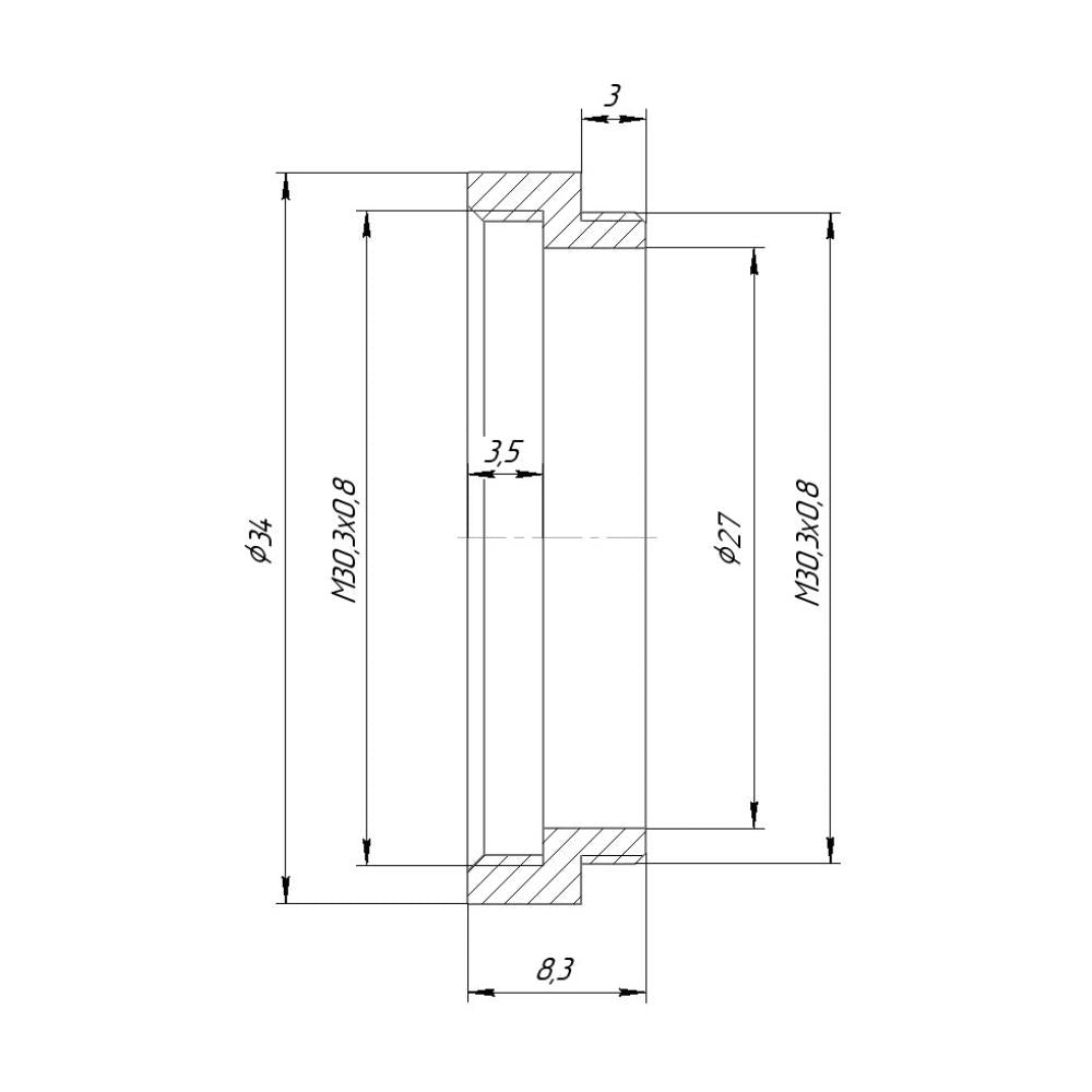 M30.3x0.8 male to M30.3x0.8 female thread adapter (5.3mm long extender)