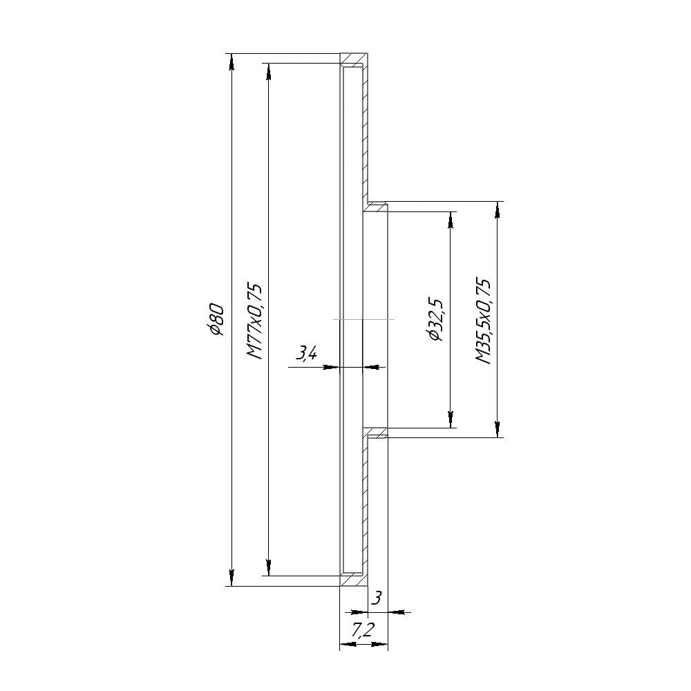 M35.5x0.75 male to M77x0.75 female thread adapter (35.5mm to 77mm step-up ring)