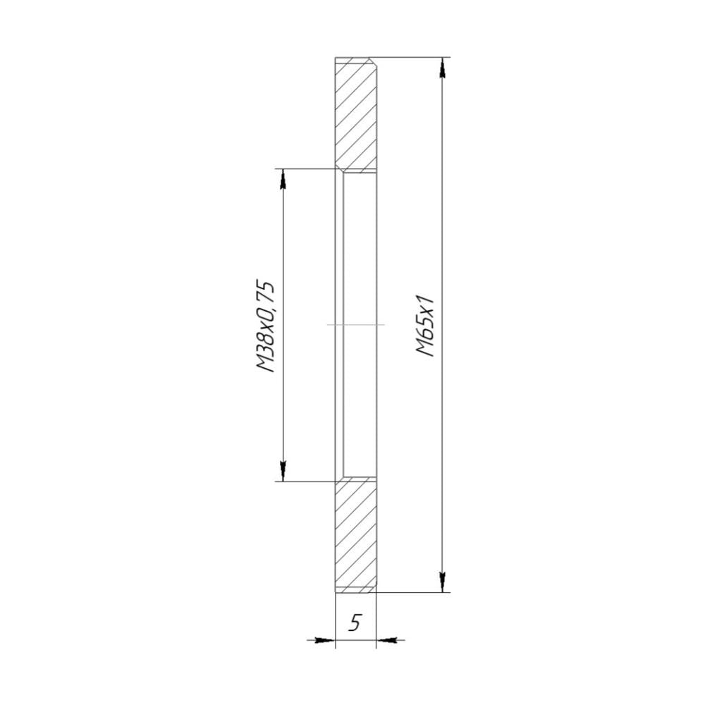 M38x0.75 female to M65x1 male thread adapter, flangeless
