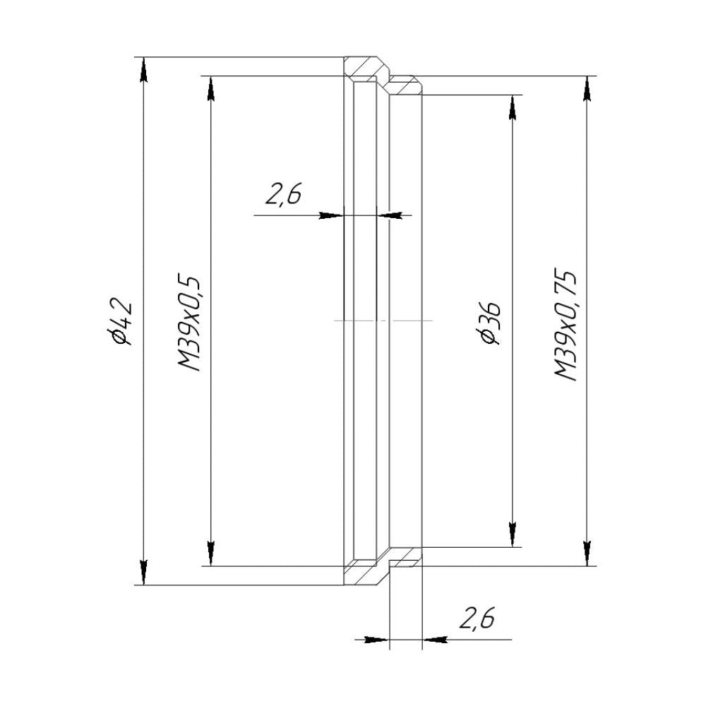 M39x0.75 male to M39x0.5 female thread adapter (pitch converter)