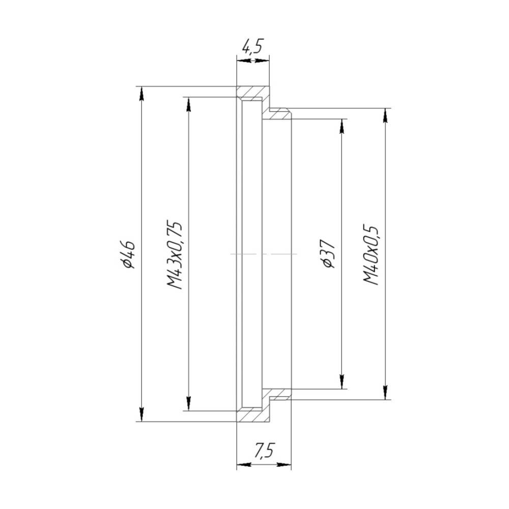M40x0.5 male to M43x0.75 female thread adapter
