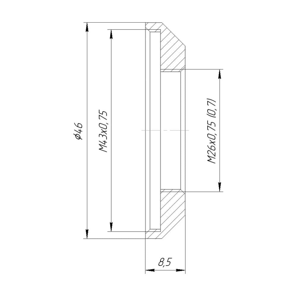 M43x0.75 female to M26x0.7 (36tpi) female thread adapter