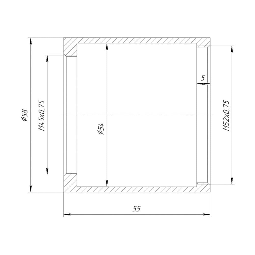 M52x0.75 to M45x0.75 thread adapter for Printing Nikkor 105mm lens, 55mm long