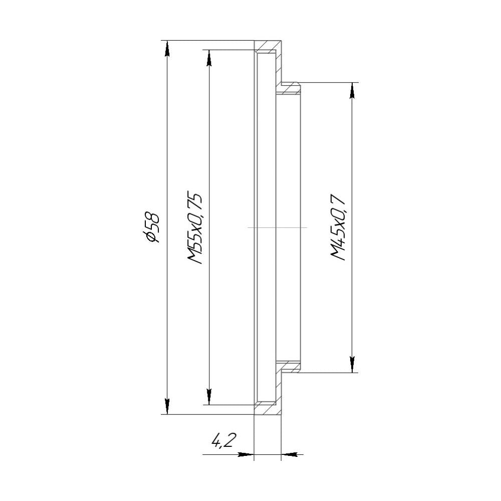 M45x0.7 male to M55x0.75 female thread adapter (45mm to 55mm step-up ring)