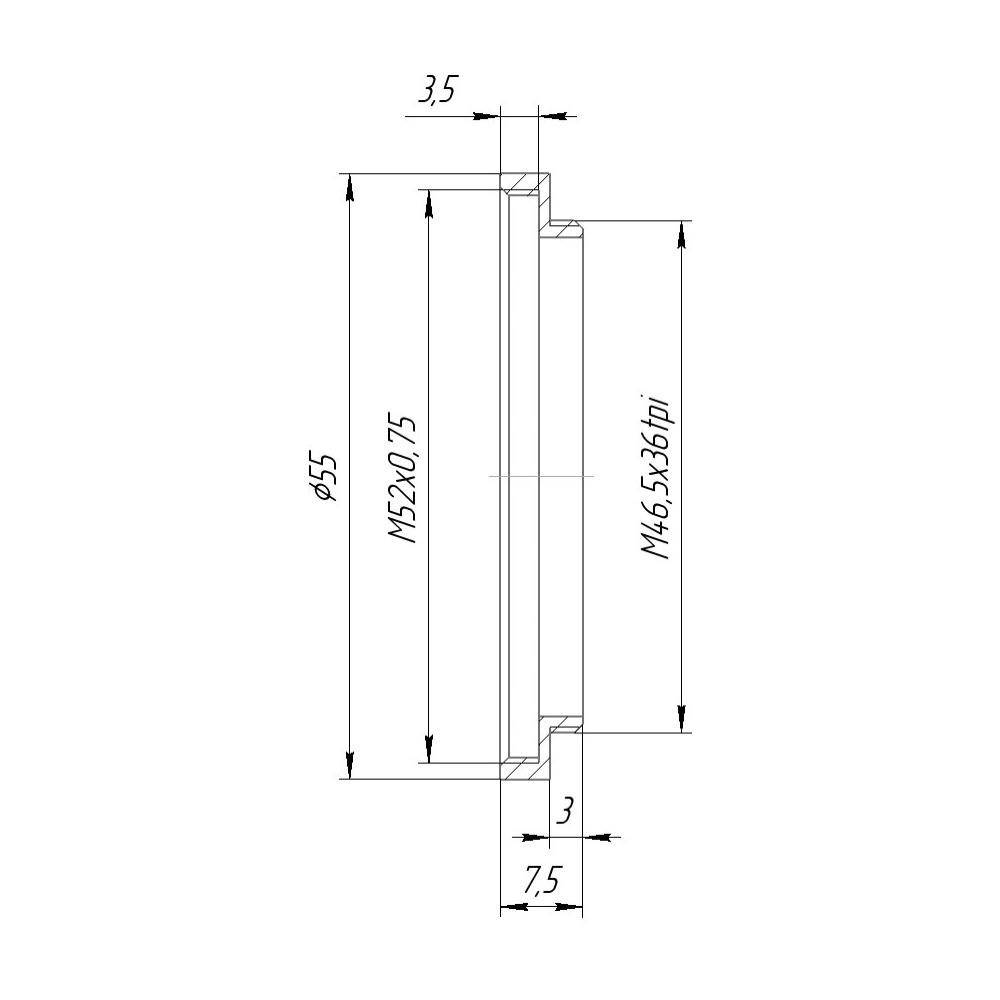 M46.5x0.7 male to M52x0.75 female thread adapter (46.5mm to 52mm step-up ring)