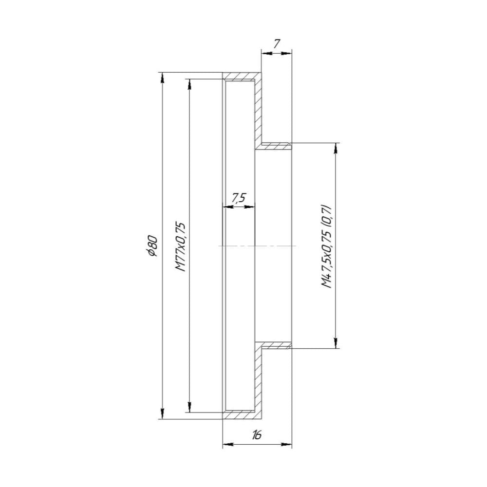 M47.5x0.75 male to M77x0.75 female thread adapter with 80mm outer diameter