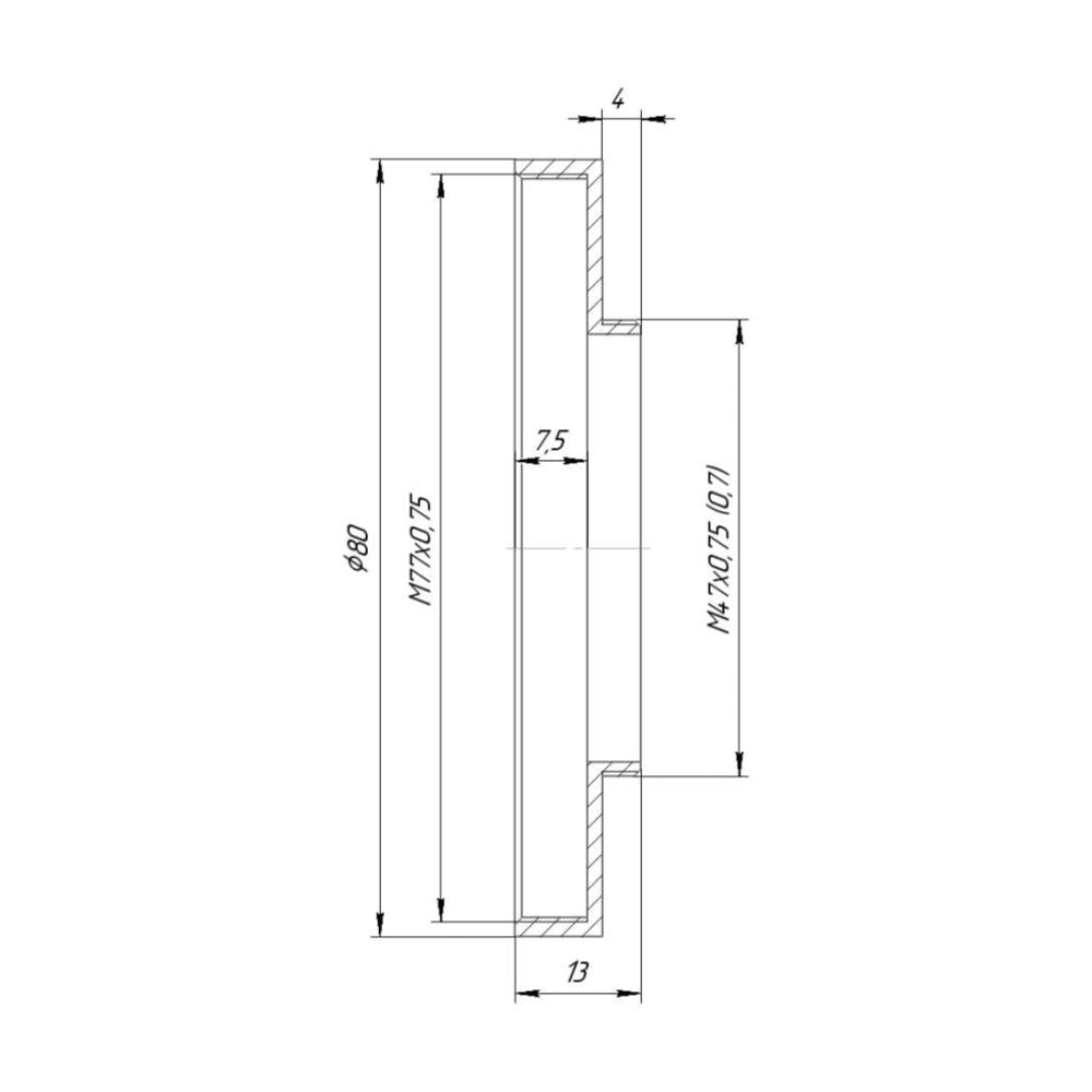 M47x0.75 male to M77x0.75 female thread adapter with 80mm outer diameter
