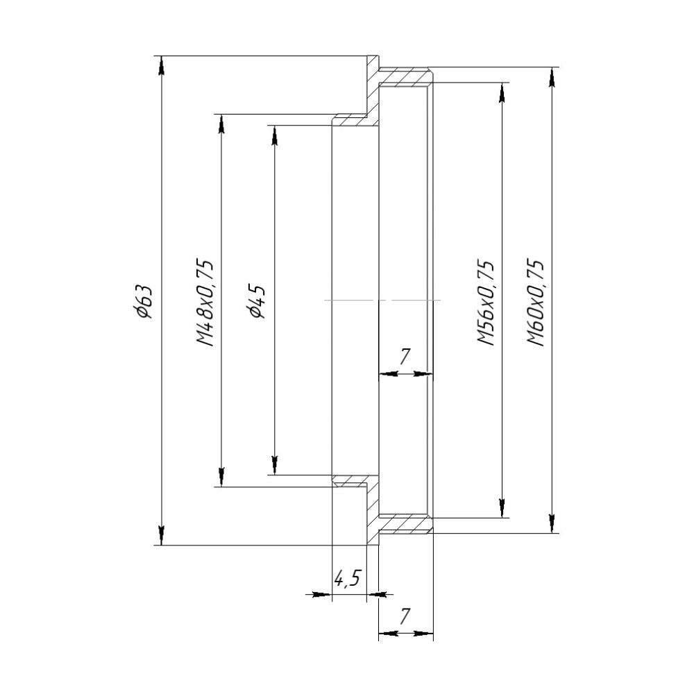 M48x0.75 male to M60x0.75 male thread adapter with M56x0.75 female thread
