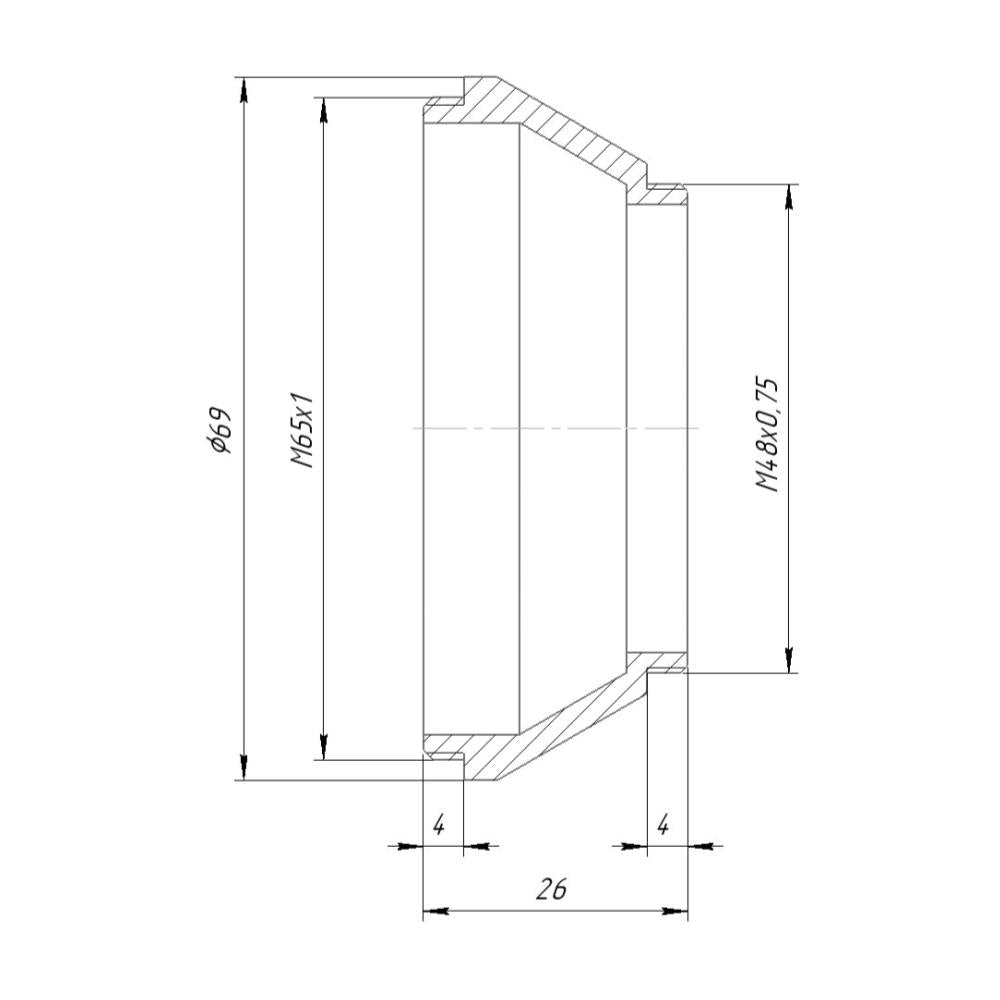 M48x0.75 male to M65x1 male thread adapter, cone