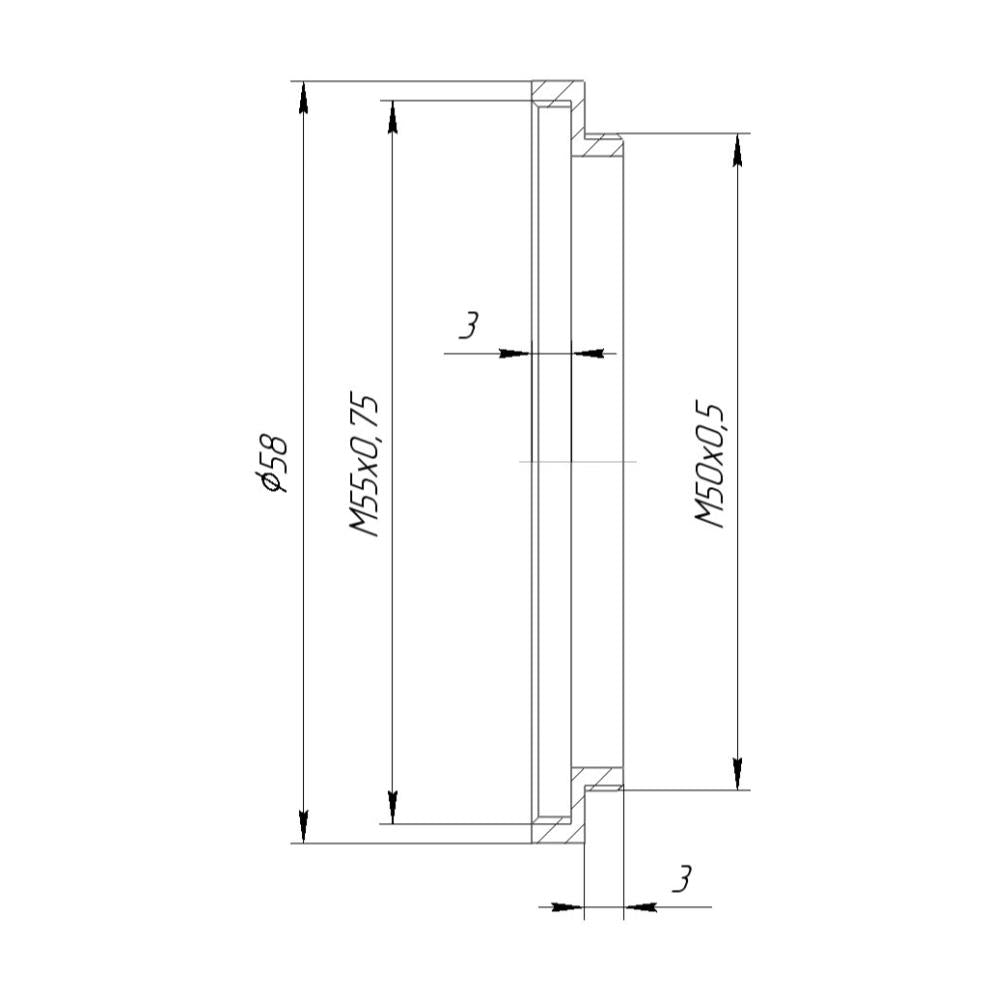 M50x0.5 male to M55x0.75 female thread adapter (50mm to 55mm step-up ring)