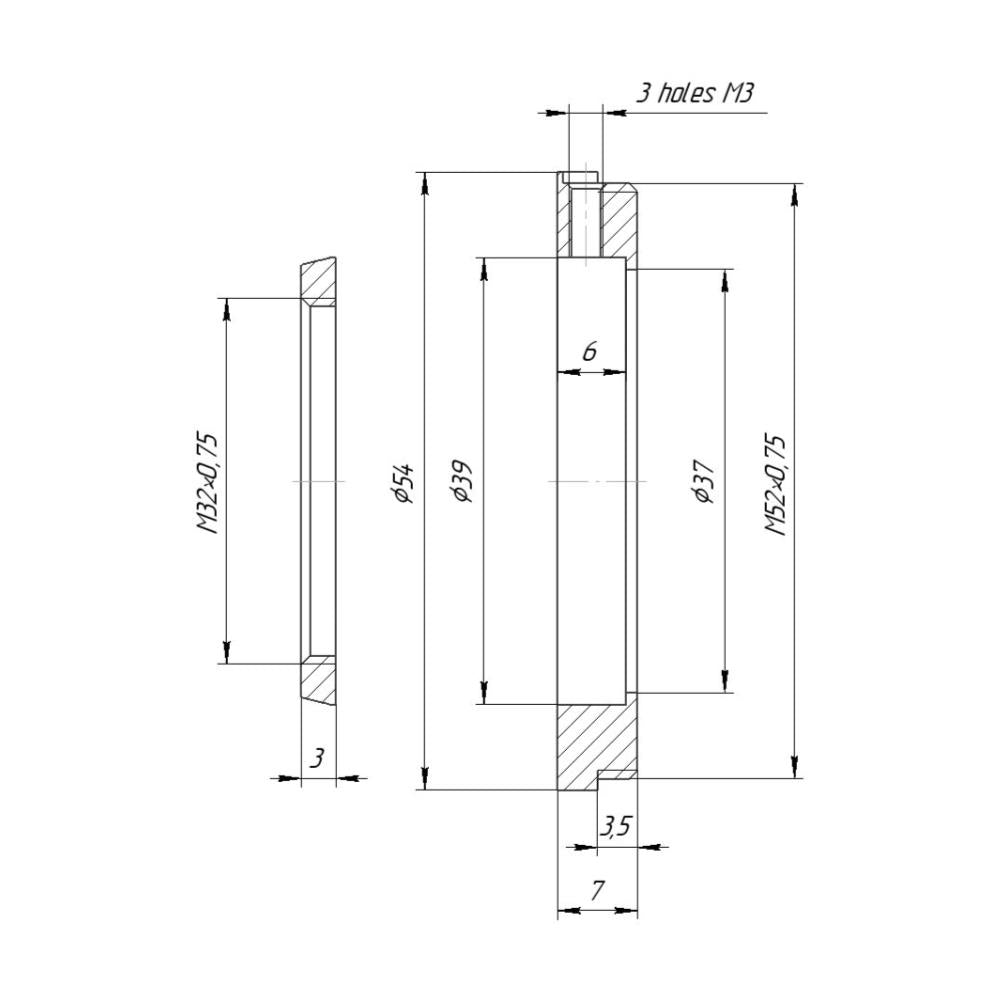 M52x0.75 male to M32x0.75 female thread adapter, adjustable