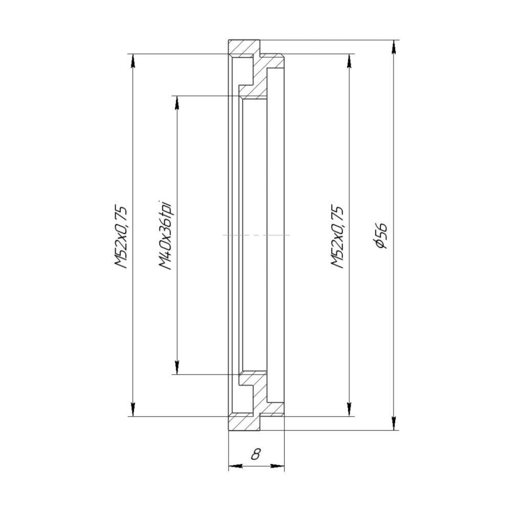 M52x0.75 male to M40x36tpi female thread adapter (52mm to 40mm step-down ring)
