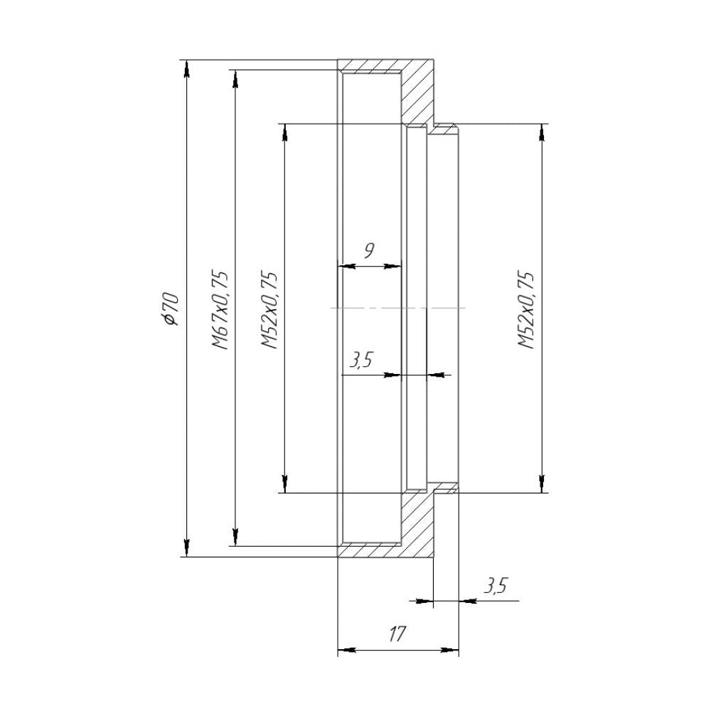 M52x0.75 male to M67x0.75 female thread adapter