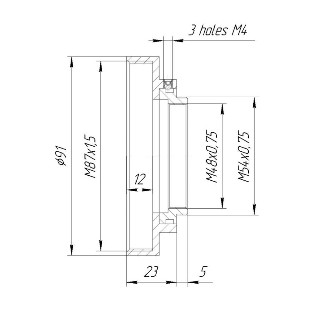 M54x0.75 male to M87x1.5 female thread adapter, adjustable