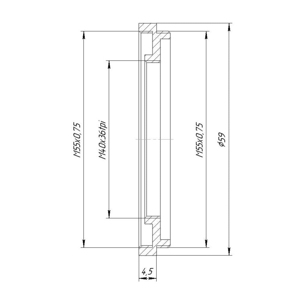 M55x0.75 male to M40x36tpi female thread adapter (55mm to 40mm step-down ring)