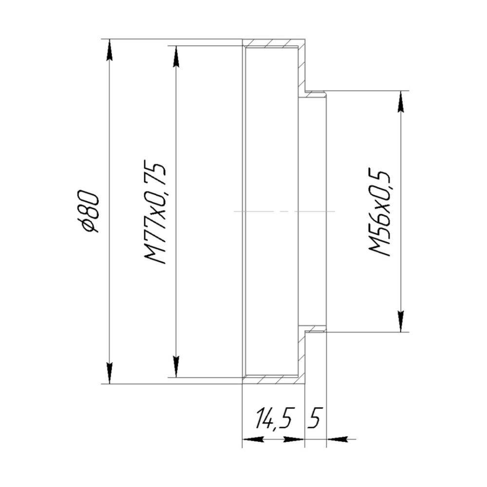 M56x0.5 male to M77x0.75 female thread adapter with 80mm OD