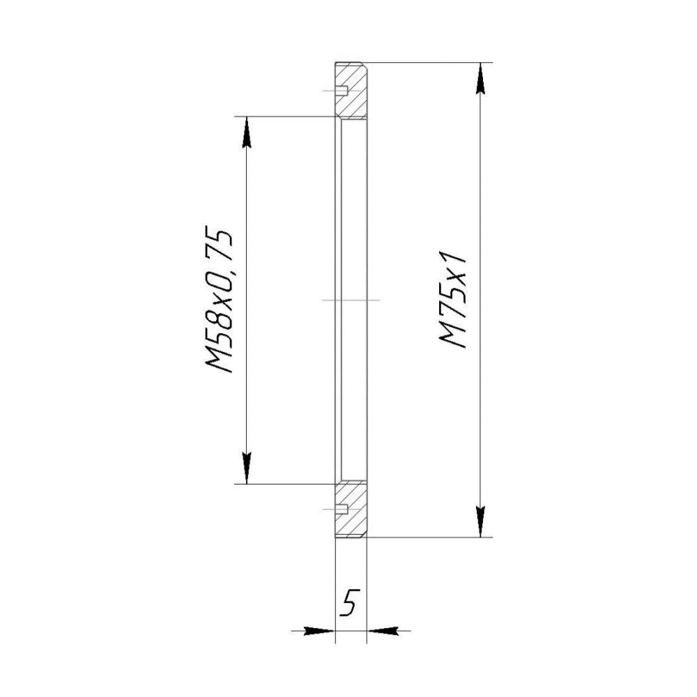 M58x0.75 female to M75x1 male thread adapter, flangeless