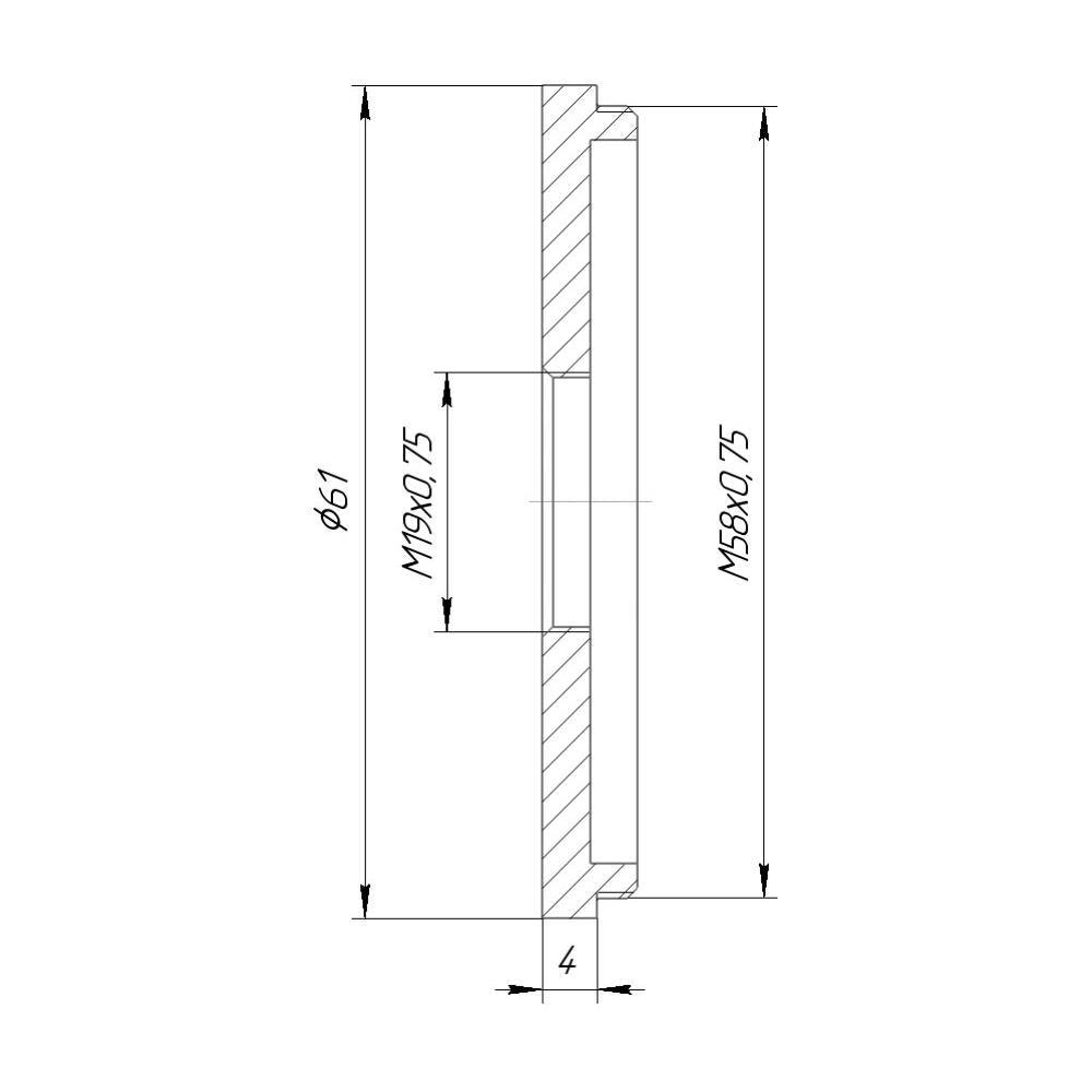 M58x0.75 male to M19x0.75 female thread adapter (58mm to 19mm step-down ring)