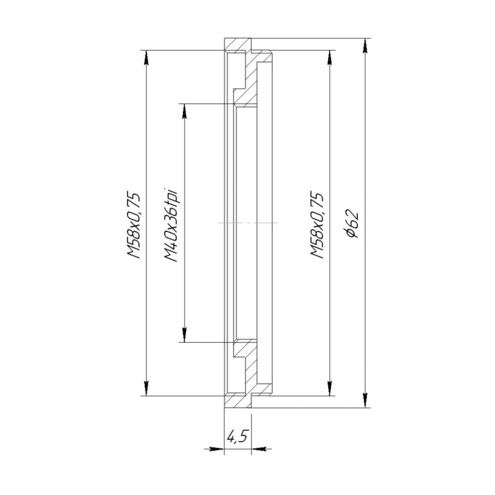 M58x0.75 male to M40x36tpi female thread adapter (58mm to 40mm step-down ring)