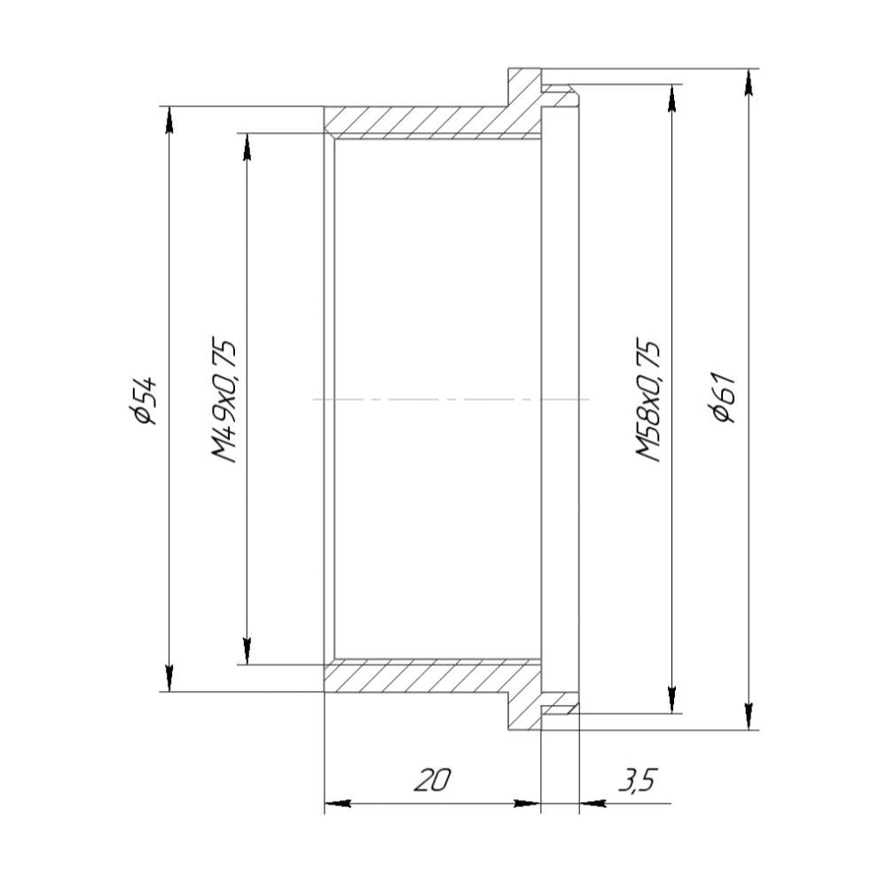 M58x0.75 male to M49x0.75 female thread adapter, 20mm long