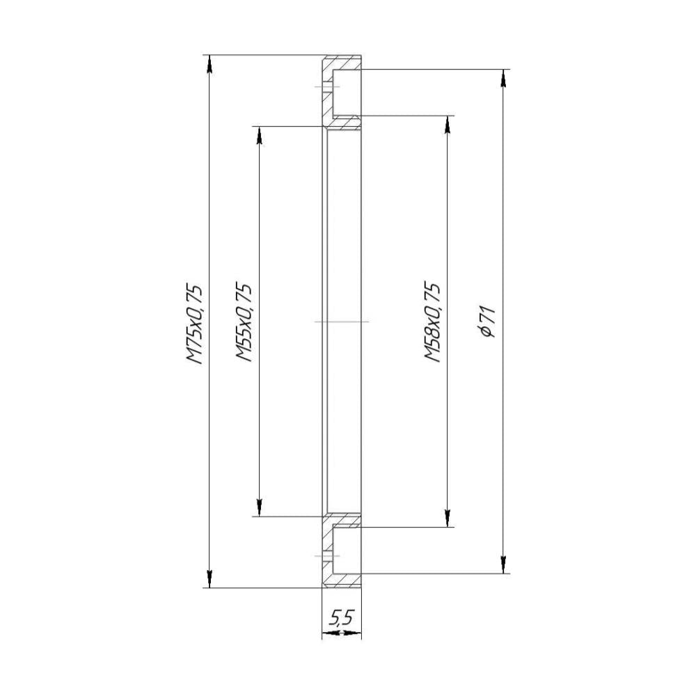 M58x0.75 male to M75x0.75 male thread adapter with M55x0.75 female thread