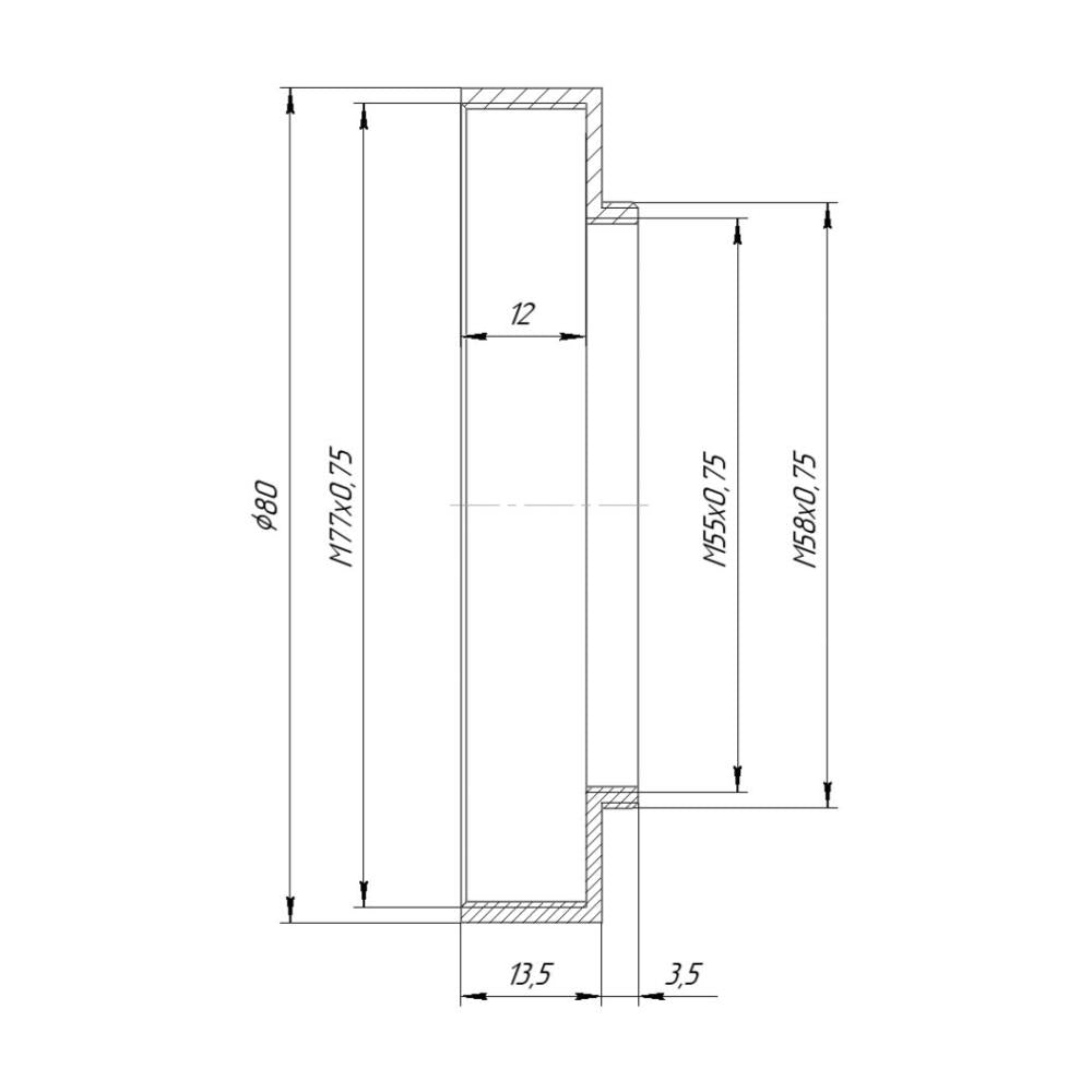 M58x0.75 male to M77x0.75 female thread adapter with 80mm outer diameter