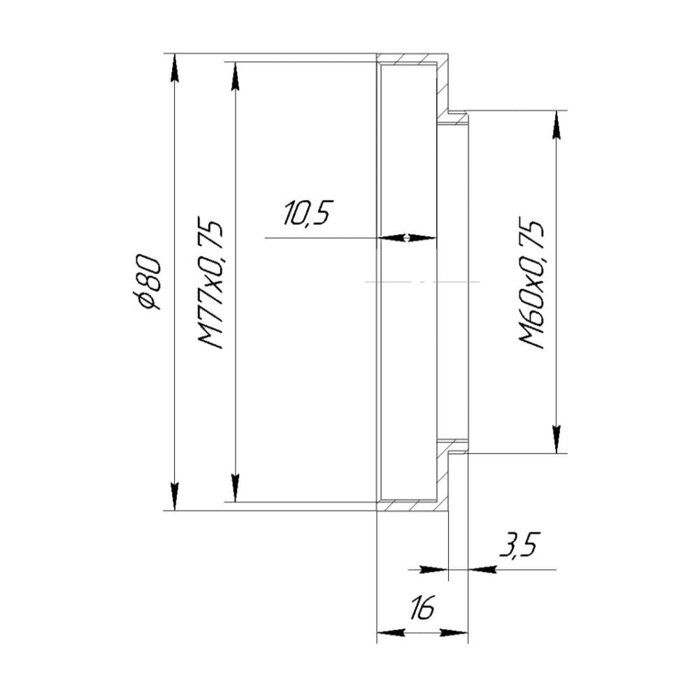 M60x0.75 male to M77x0.75 female thread adapter with 80mm outer diameter